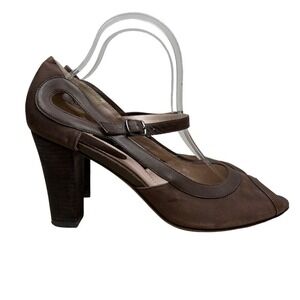 Martin + OSA Pump Brown Leather Ankle Strap Blocked Heel Peep Toe Women Size 10‎